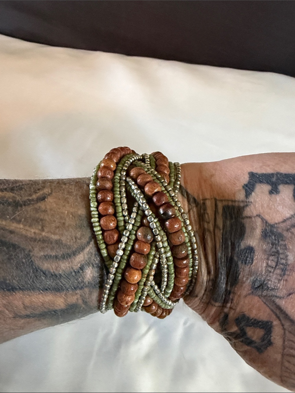 Hand Crafted Multi-Strand Seed and Wood Bead Cuff Bracelet